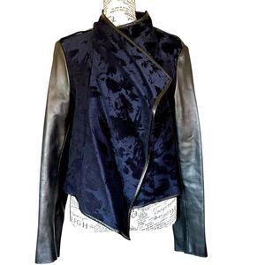 Vintage 90s Size S Black Leather Floral Embroidered Velvet Open Front Jacket